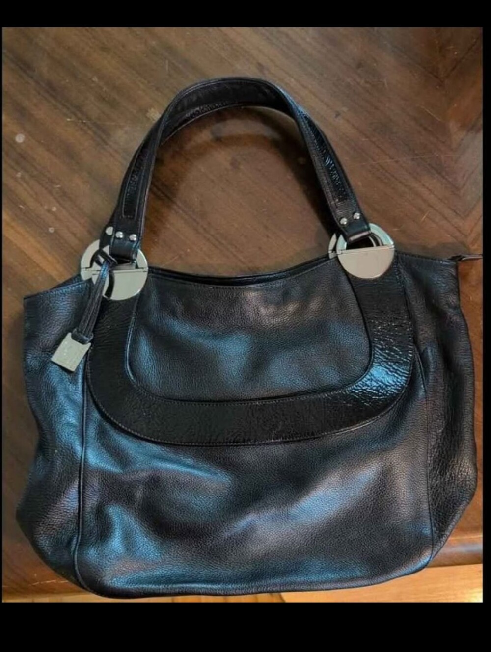 Classic Large Black Leather Tote Bag with Silver Hardware